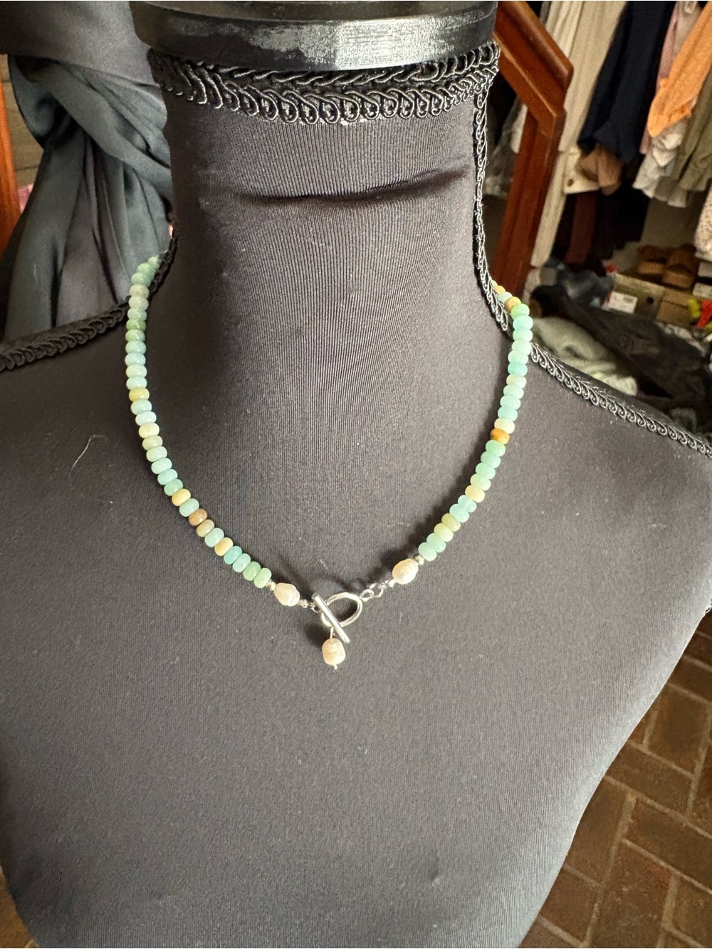 Beaded Aqua and Cream Toggle Necklace - Designer
